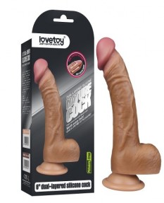 Фаллоимитатор на присоске с мошонкой мулат 8'' Dual-Layered Silicone Dildo, LV4004B